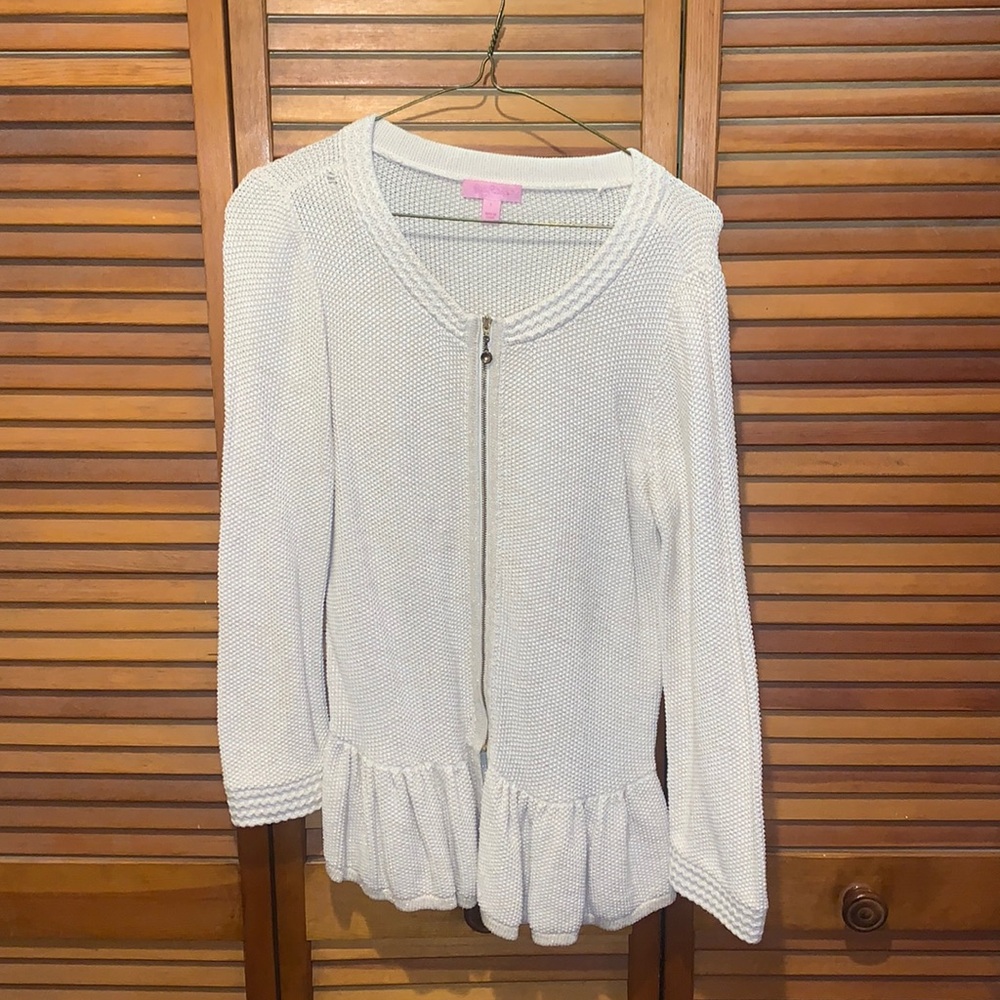 Lily Pulitzer oatmeal sparkly zip-down peplum sweater